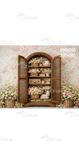 Tło fotograficzne „Drewniana witryna z koszami kwiatów” | E843